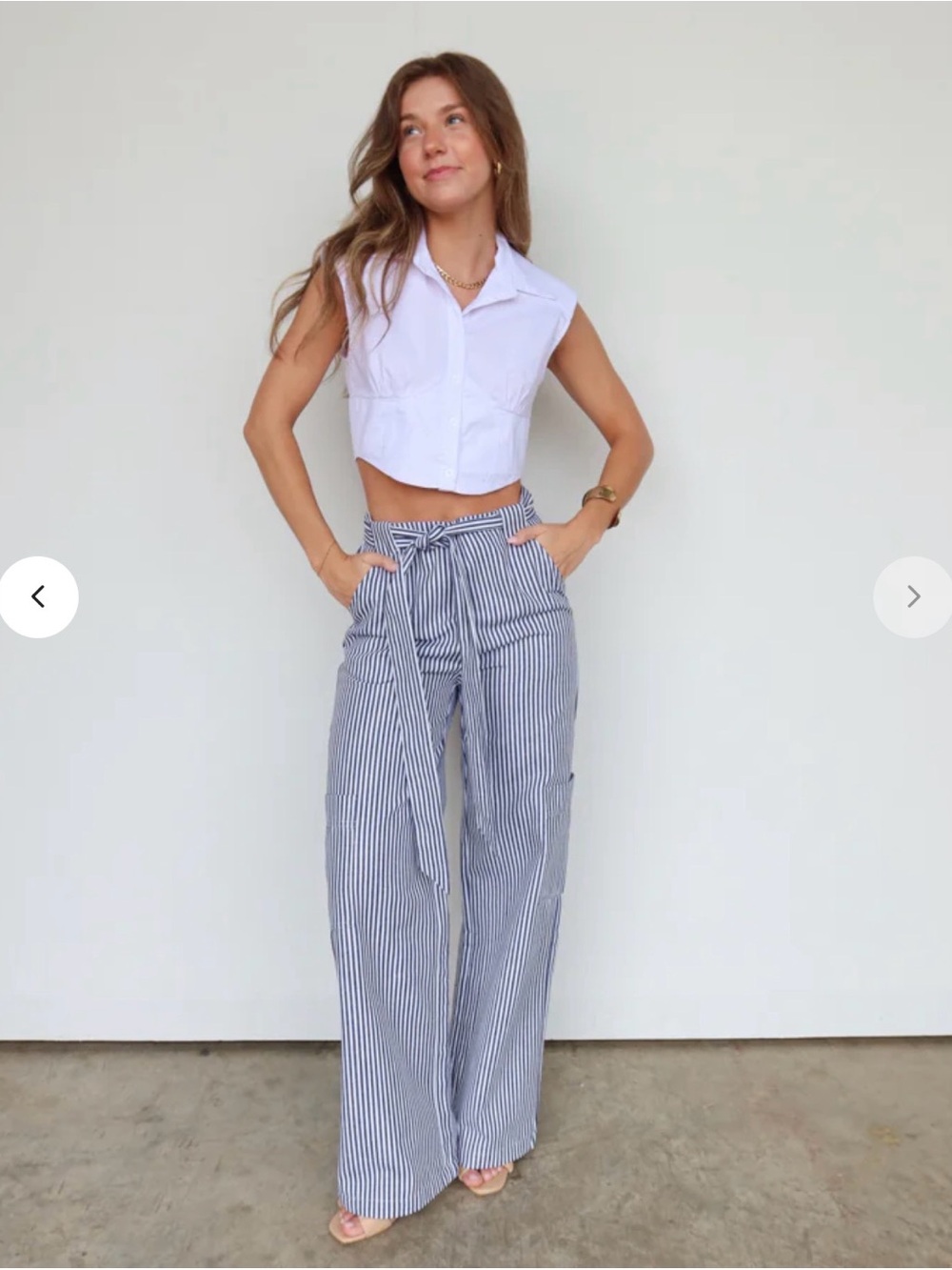 vestique Blue & White Striped Wide Leg Tie-Waist Pants